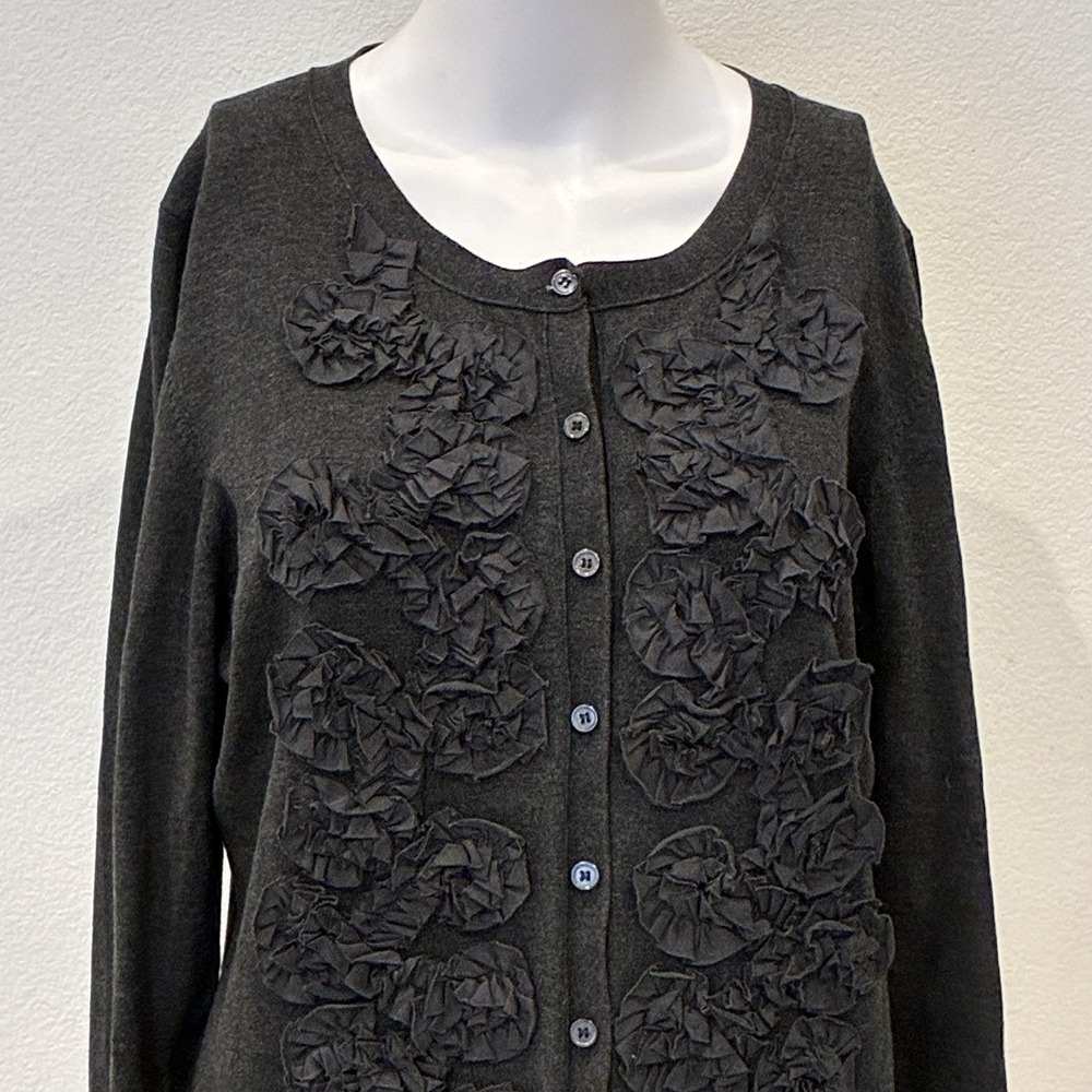 Vtg Evie Silk Blend Black Floral Applique Cardigan Sweater Size XL Dark Romance